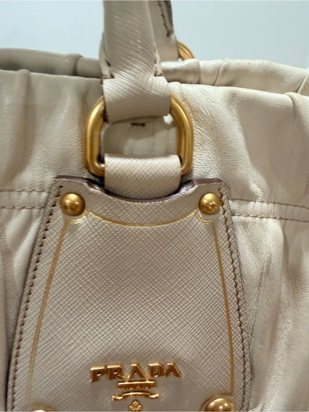 PRADA Gaufre Tote Bag Beige Lambskin Leather | Gold Hardware | VERY GOOD ❣️ - Picture 10 of 17